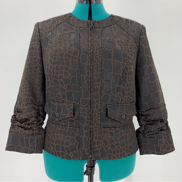 anthracite Brown Scale Print Zipper Closure 3/4 Ruched Sleeve Blazer, 10 - Picture 1 of 16